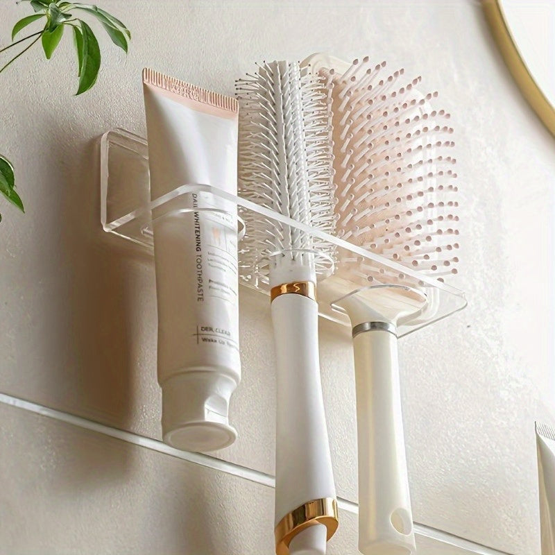 Wall-mounted clear acrylic bathroom comb holder for hair brushes and toiletries. No drilling required for installation. Transparent organizer for vanity storage, does not require electricity.