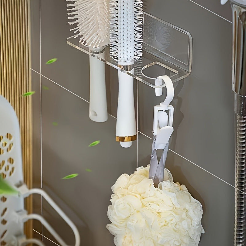 Wall-mounted clear acrylic bathroom comb holder for hair brushes and toiletries. No drilling required for installation. Transparent organizer for vanity storage, does not require electricity.