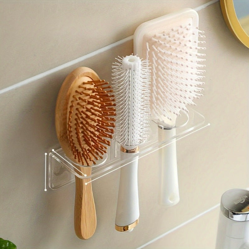 Wall-mounted clear acrylic bathroom comb holder for hair brushes and toiletries. No drilling required for installation. Transparent organizer for vanity storage, does not require electricity.