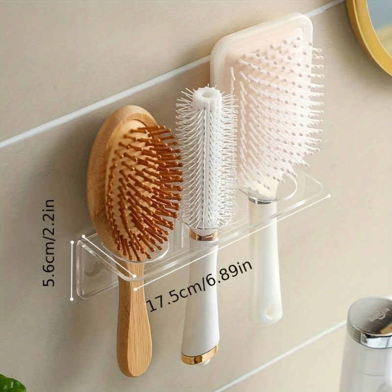 Wall-mounted clear acrylic bathroom comb holder for hair brushes and toiletries. No drilling required for installation. Transparent organizer for vanity storage, does not require electricity.