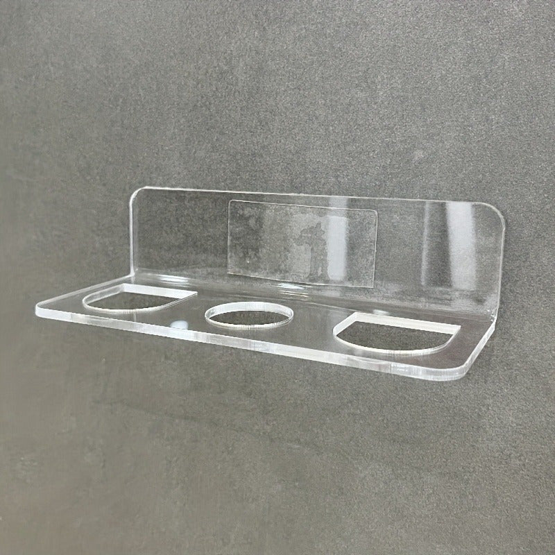 Wall-mounted clear acrylic bathroom comb holder for hair brushes and toiletries. No drilling required for installation. Transparent organizer for vanity storage, does not require electricity.