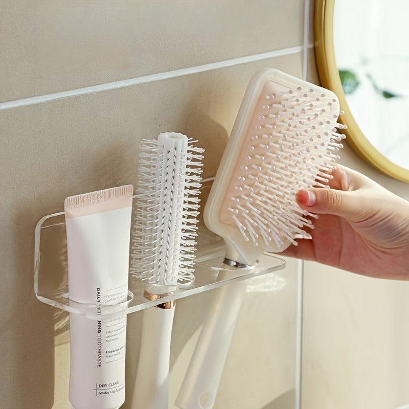 Wall-mounted clear acrylic bathroom comb holder for hair brushes and toiletries. No drilling required for installation. Transparent organizer for vanity storage, does not require electricity.