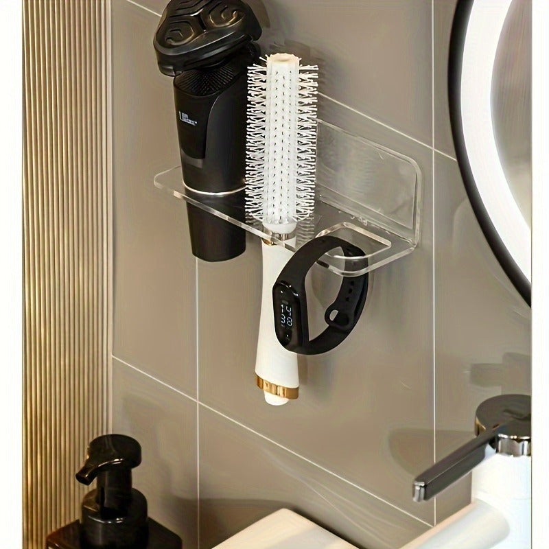 Wall-mounted clear acrylic bathroom comb holder for hair brushes and toiletries. No drilling required for installation. Transparent organizer for vanity storage, does not require electricity.