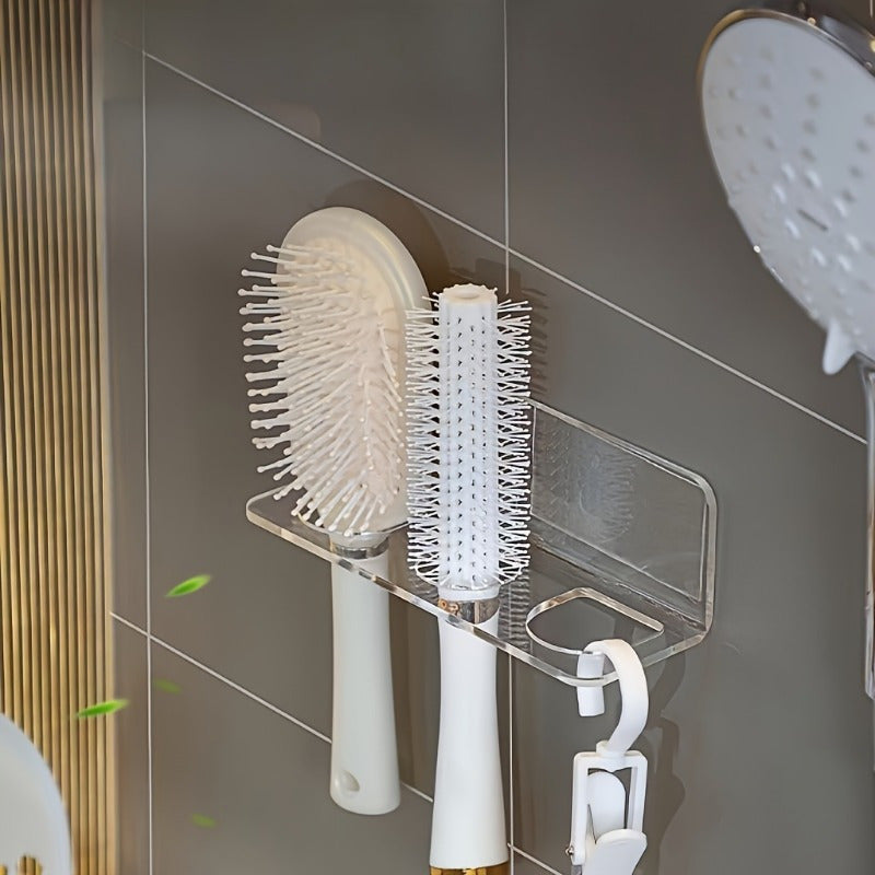 Wall-mounted clear acrylic bathroom comb holder for hair brushes and toiletries. No drilling required for installation. Transparent organizer for vanity storage, does not require electricity.