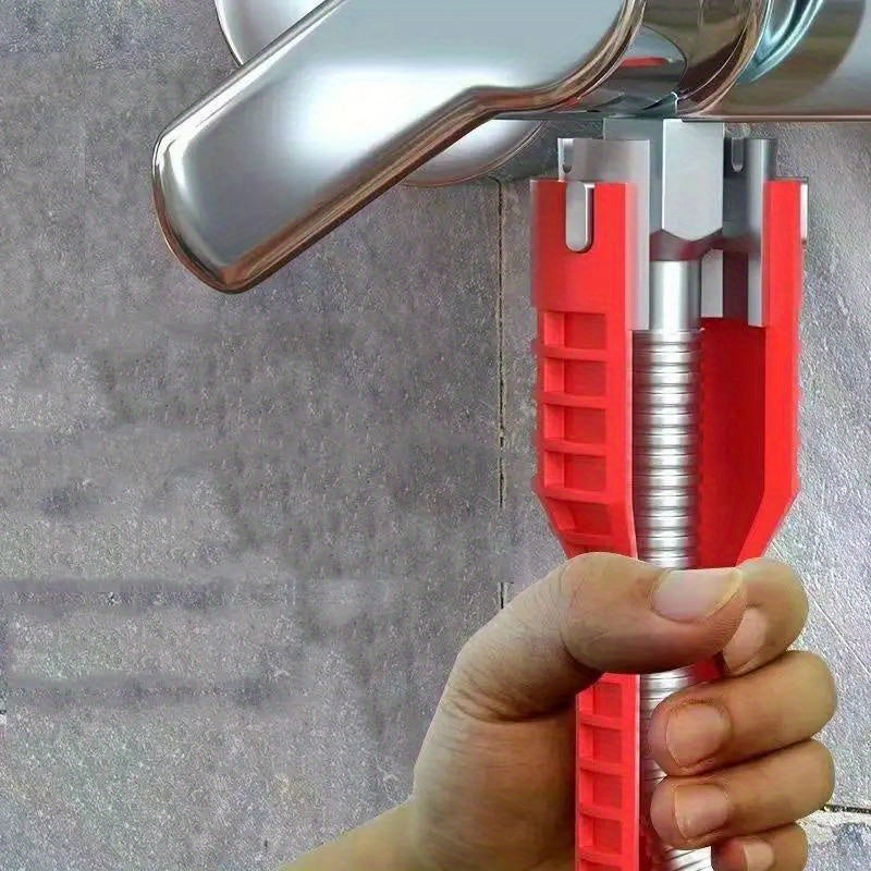 Versatile 5-in-1 red plastic wrench for sink and faucet installation in bathrooms and kitchens.