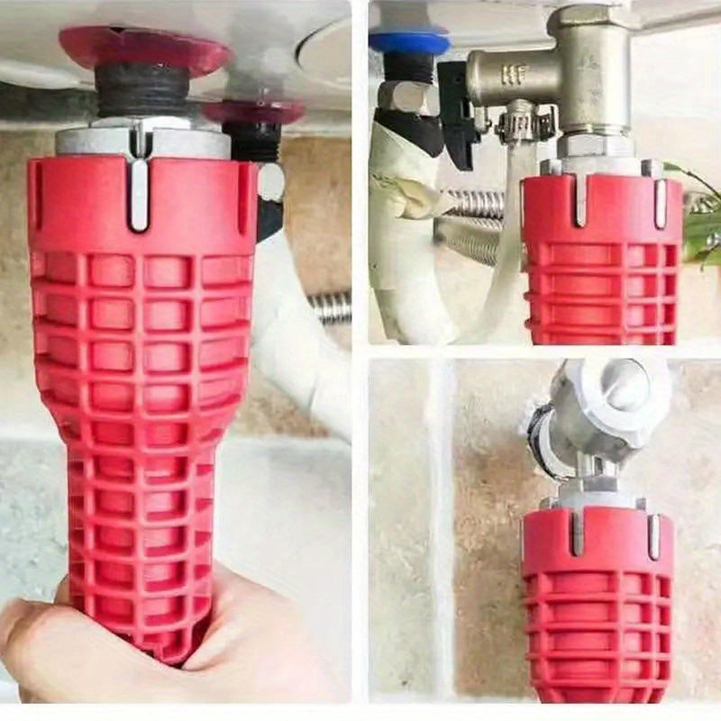 Versatile 5-in-1 red plastic wrench for sink and faucet installation in bathrooms and kitchens.