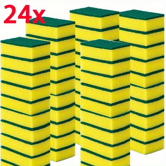 24-Pack of high-absorbency kitchen sponges with a durable dual-layer design for cleaning tableware and cookware. Removes oil and rust with reinforced sand fiber grip.