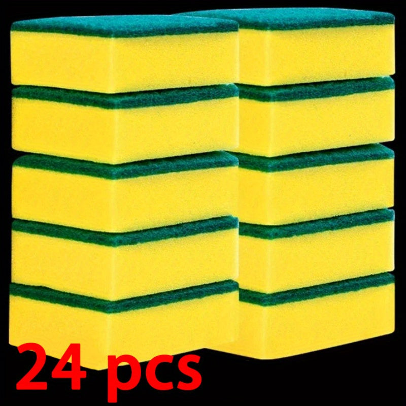 24-Pack of high-absorbency kitchen sponges with a durable dual-layer design for cleaning tableware and cookware. Removes oil and rust with reinforced sand fiber grip.