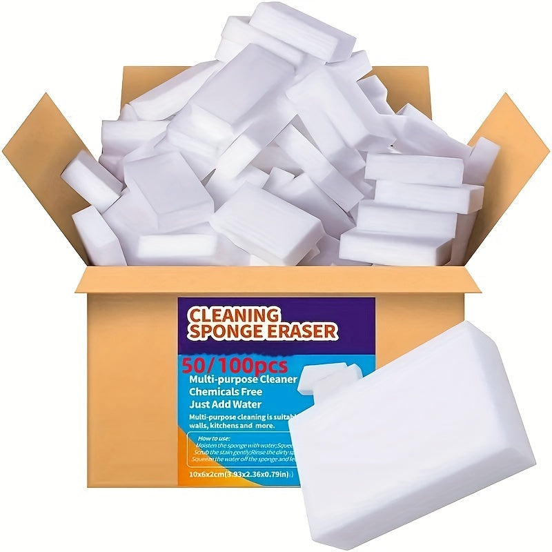 100 pieces of Magic Wipe Sponge made of Melamine Foam for household cleaning. This versatile sponge can be used for dishes, kitchen cleaning, car washing, and cleaning various surfaces such as sinks, ovens, stoves, plates, bathrooms, showers, tiles