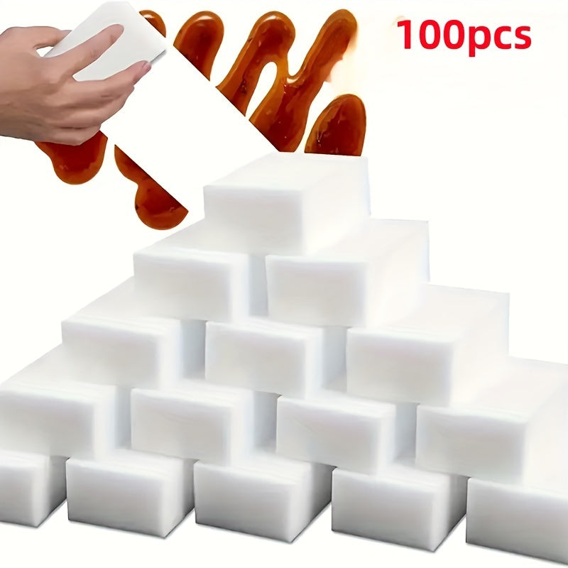 100 pieces of Magic Wipe Sponge made of Melamine Foam for household cleaning. This versatile sponge can be used for dishes, kitchen cleaning, car washing, and cleaning various surfaces such as sinks, ovens, stoves, plates, bathrooms, showers, tiles