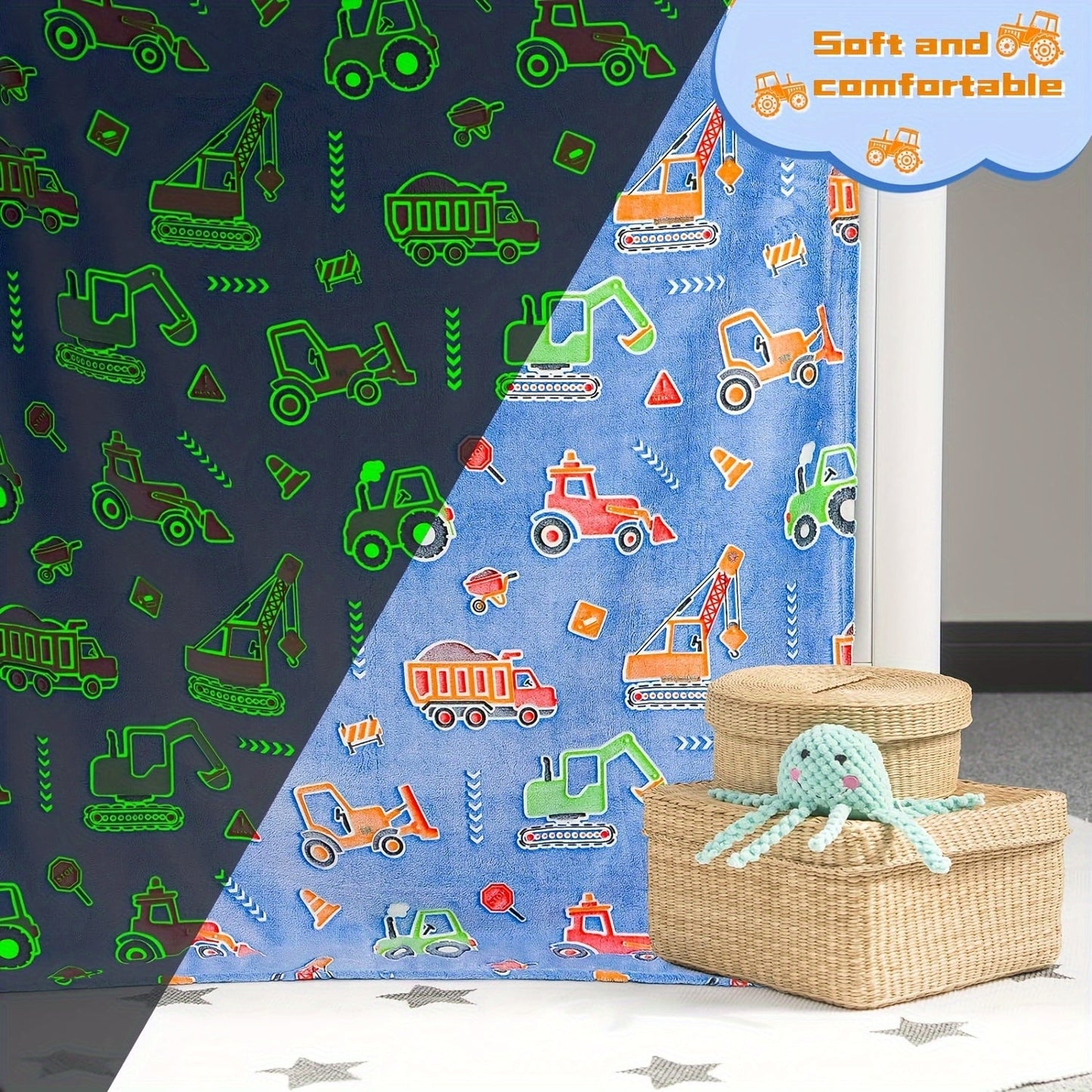 Soft and cozy glow-in-the-dark flannel blanket featuring a playful car tractor pattern. Perfect for snuggling on the couch, bed, sofa, or taking on camping trips. Suitable for all seasons and holidays including Christmas, Halloween, Thanksgiving, and