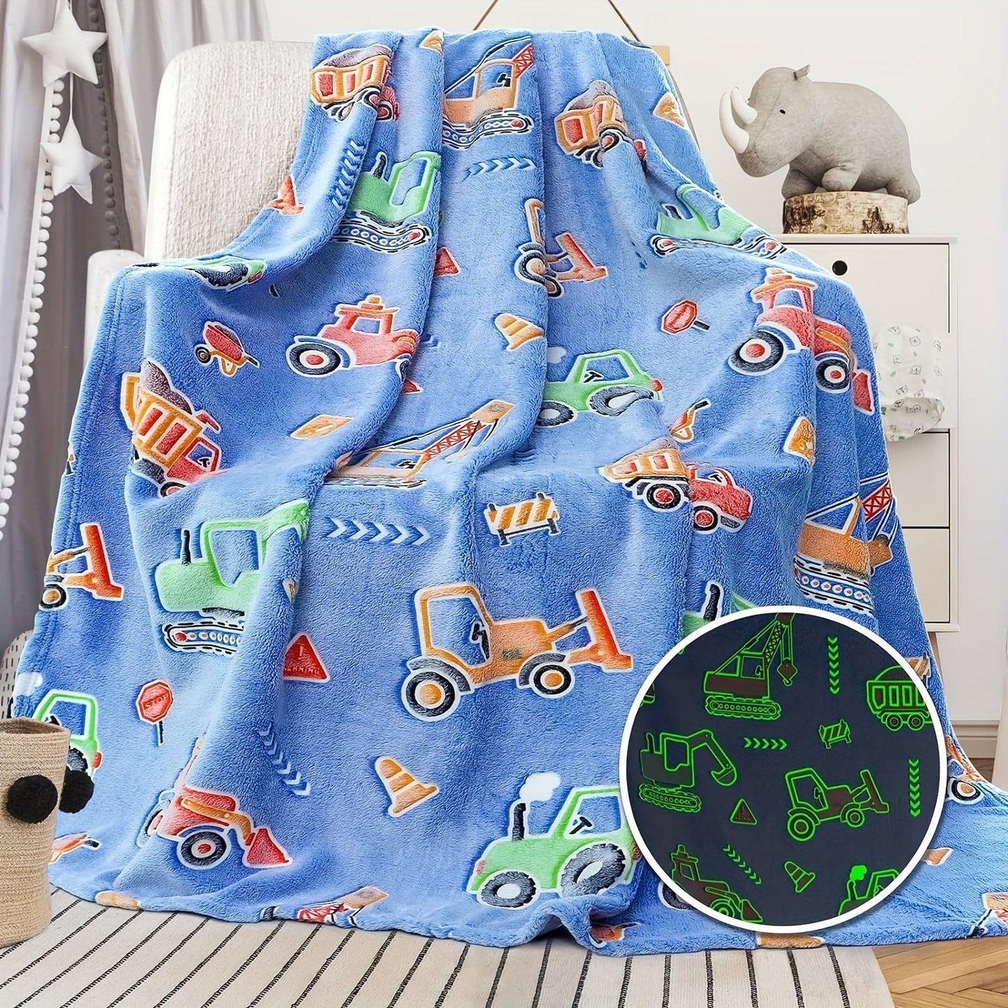 Soft and cozy glow-in-the-dark flannel blanket featuring a playful car tractor pattern. Perfect for snuggling on the couch, bed, sofa, or taking on camping trips. Suitable for all seasons and holidays including Christmas, Halloween, Thanksgiving, and