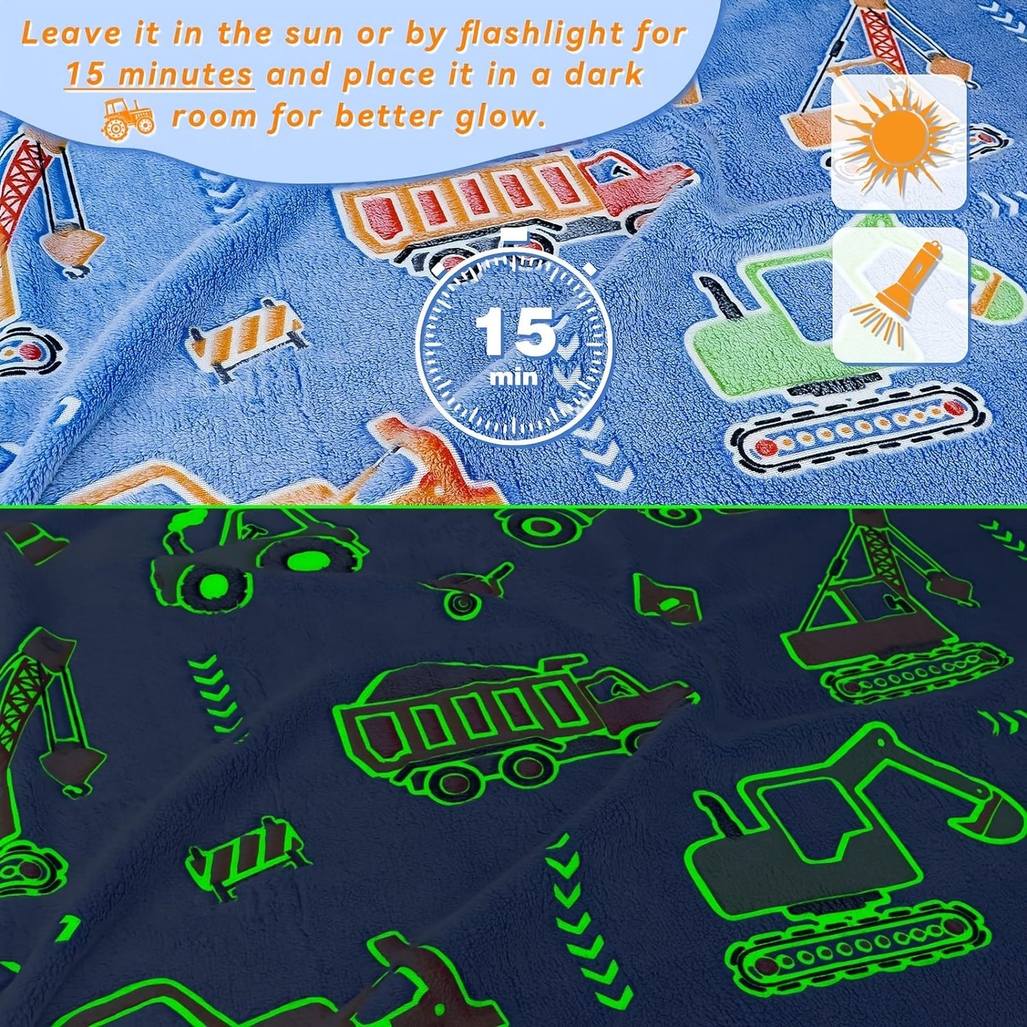 Soft and cozy glow-in-the-dark flannel blanket featuring a playful car tractor pattern. Perfect for snuggling on the couch, bed, sofa, or taking on camping trips. Suitable for all seasons and holidays including Christmas, Halloween, Thanksgiving, and