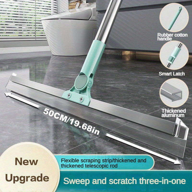 The Triple-Action Silicone Broom features a 49.99cm flexible strip, a durable metal and plastic handle with a smart latch, and a thickened aluminum rod. This versatile sweeper is perfect for use on multiple surfaces in the living room, bedroom, bathroom