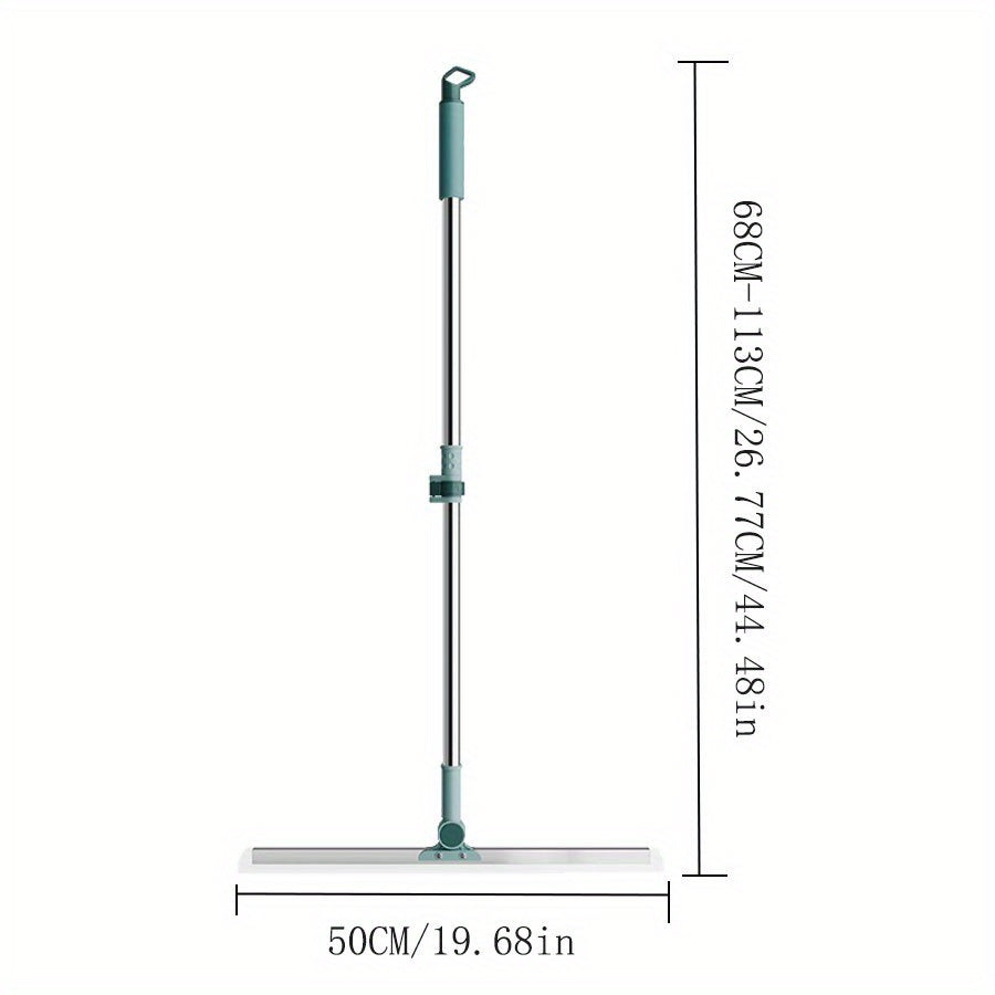 The Triple-Action Silicone Broom features a 49.99cm flexible strip, a durable metal and plastic handle with a smart latch, and a thickened aluminum rod. This versatile sweeper is perfect for use on multiple surfaces in the living room, bedroom, bathroom