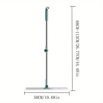 The Triple-Action Silicone Broom features a 49.99cm flexible strip, a durable metal and plastic handle with a smart latch, and a thickened aluminum rod. This versatile sweeper is perfect for use on multiple surfaces in the living room, bedroom, bathroom