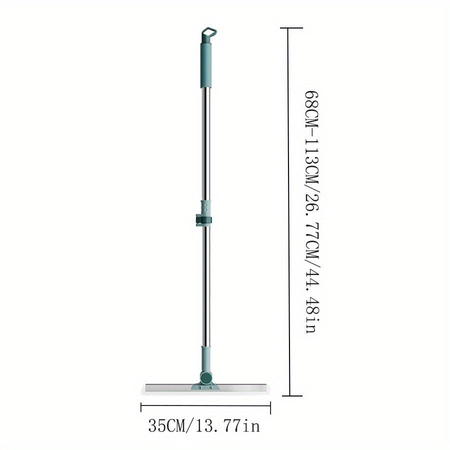 The Triple-Action Silicone Broom features a 49.99cm flexible strip, a durable metal and plastic handle with a smart latch, and a thickened aluminum rod. This versatile sweeper is perfect for use on multiple surfaces in the living room, bedroom, bathroom