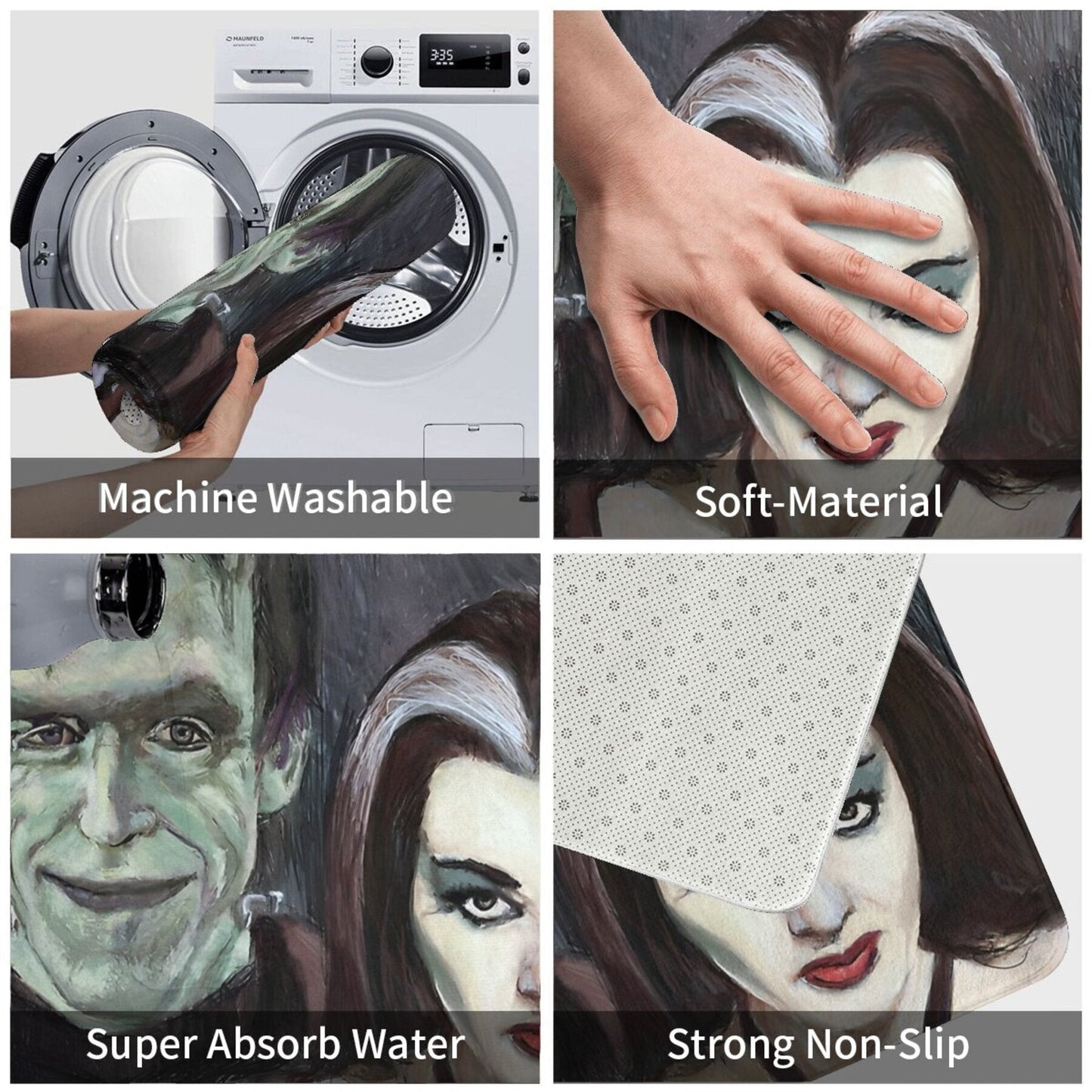 Bathroom Mat Set inspired by Lily and Herman Munster - Soft Flannel Material, Easy to Clean, Perfect for Bathroom and Balcony Decor