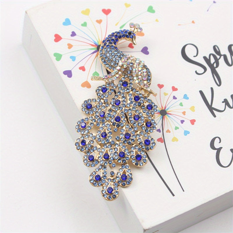 Luxurious Alloy Pin adorned with Sparkling Rhinestones and Elegant Peacock Feather - Perfect for Dresses and Sweaters