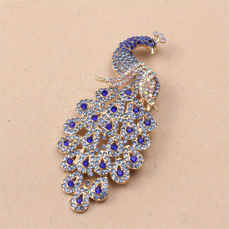 Luxurious Alloy Pin adorned with Sparkling Rhinestones and Elegant Peacock Feather - Perfect for Dresses and Sweaters