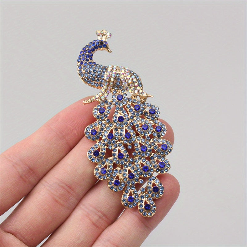 Luxurious Alloy Pin adorned with Sparkling Rhinestones and Elegant Peacock Feather - Perfect for Dresses and Sweaters