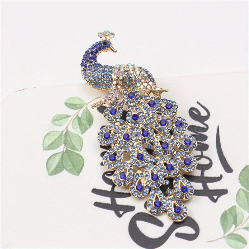 Luxurious Alloy Pin adorned with Sparkling Rhinestones and Elegant Peacock Feather - Perfect for Dresses and Sweaters