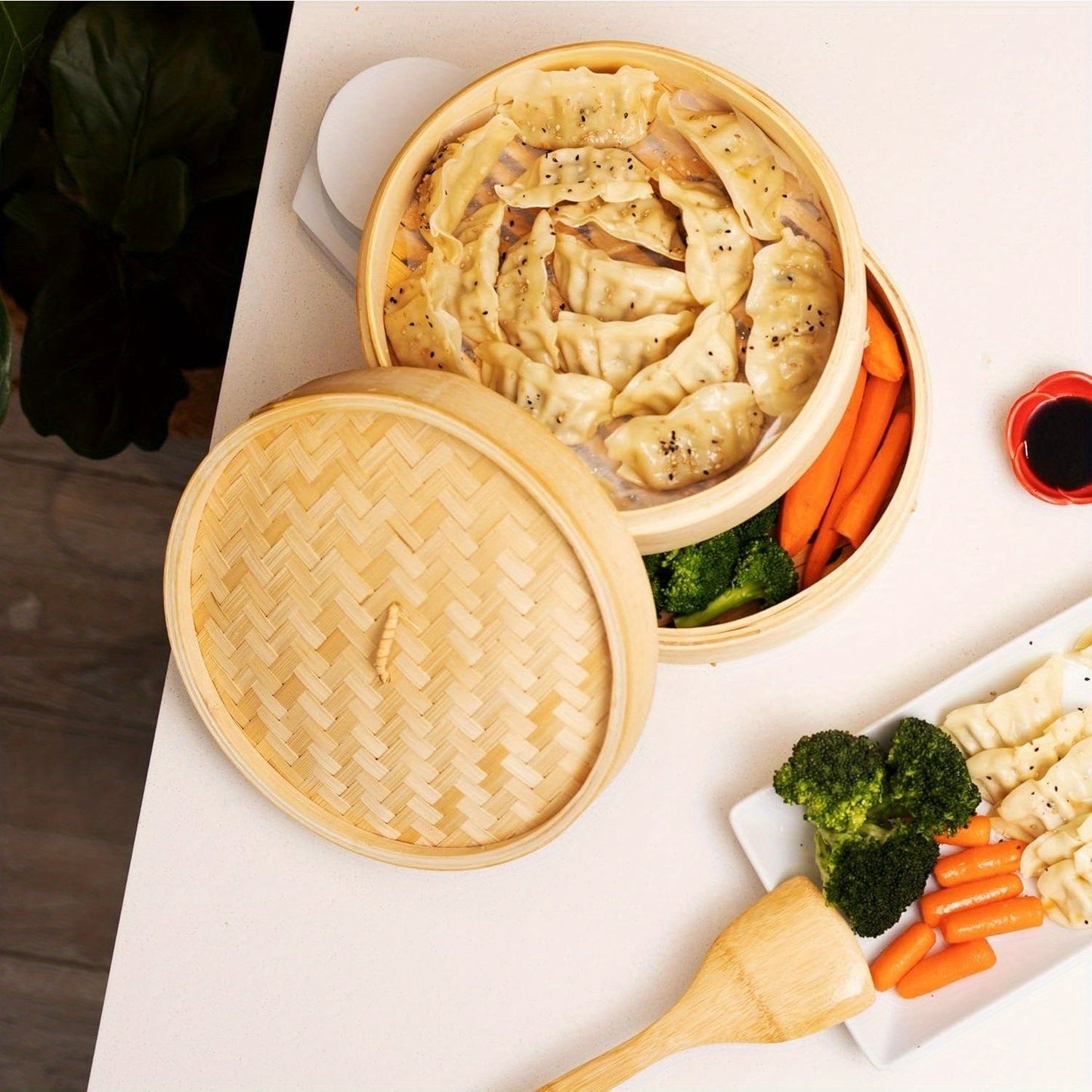 Premium 12-Inch Bamboo Steamer Basket Set - Two Tiers, Ideal for Nutritious Cooking and Meal Preparation