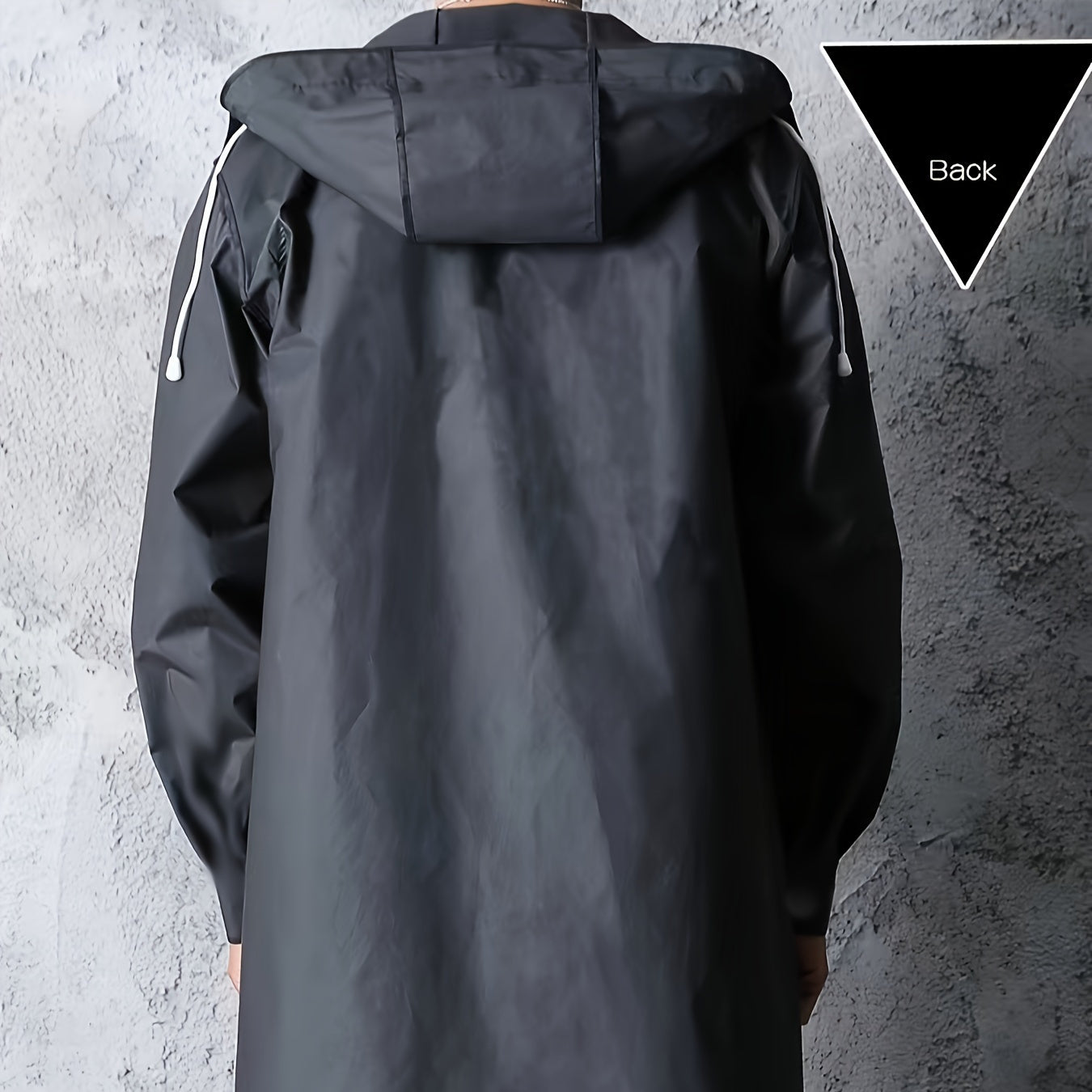 Men's waterproof black hooded coat for outdoor activities like hiking, travel, fishing, climbing, camping. Made of EVA material.