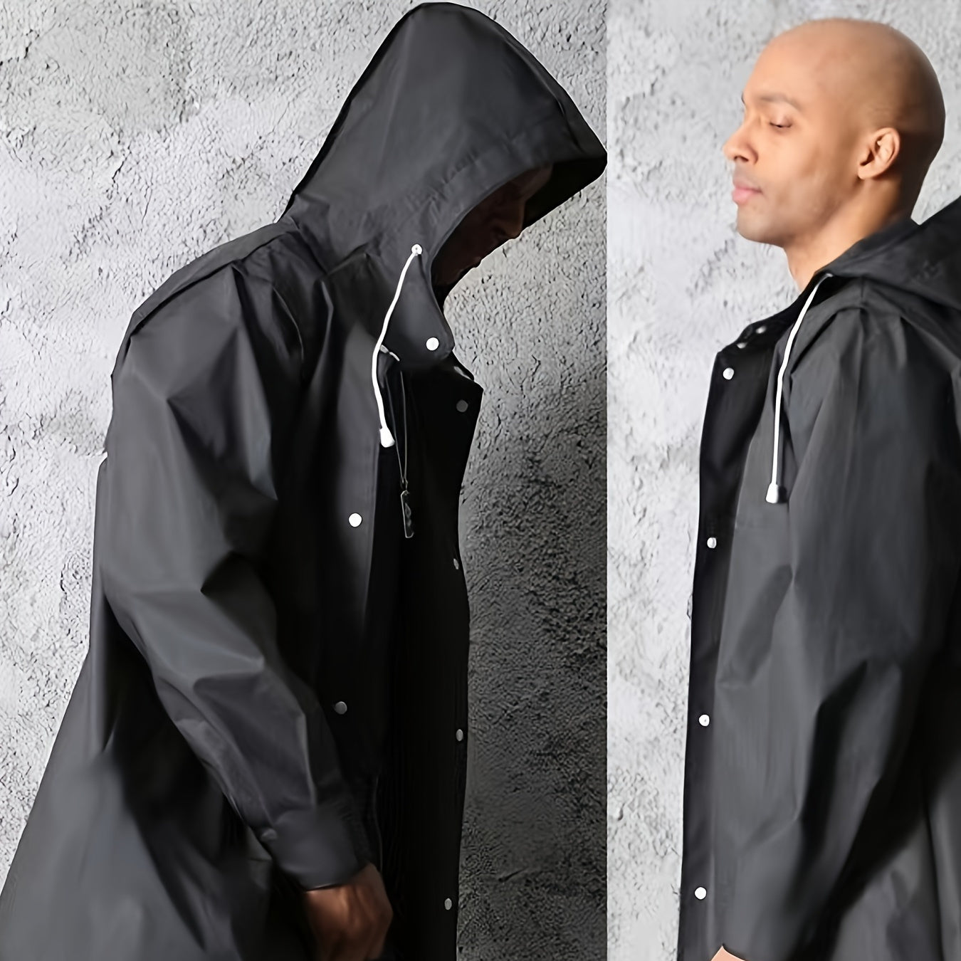 Men's waterproof black hooded coat for outdoor activities like hiking, travel, fishing, climbing, camping. Made of EVA material.