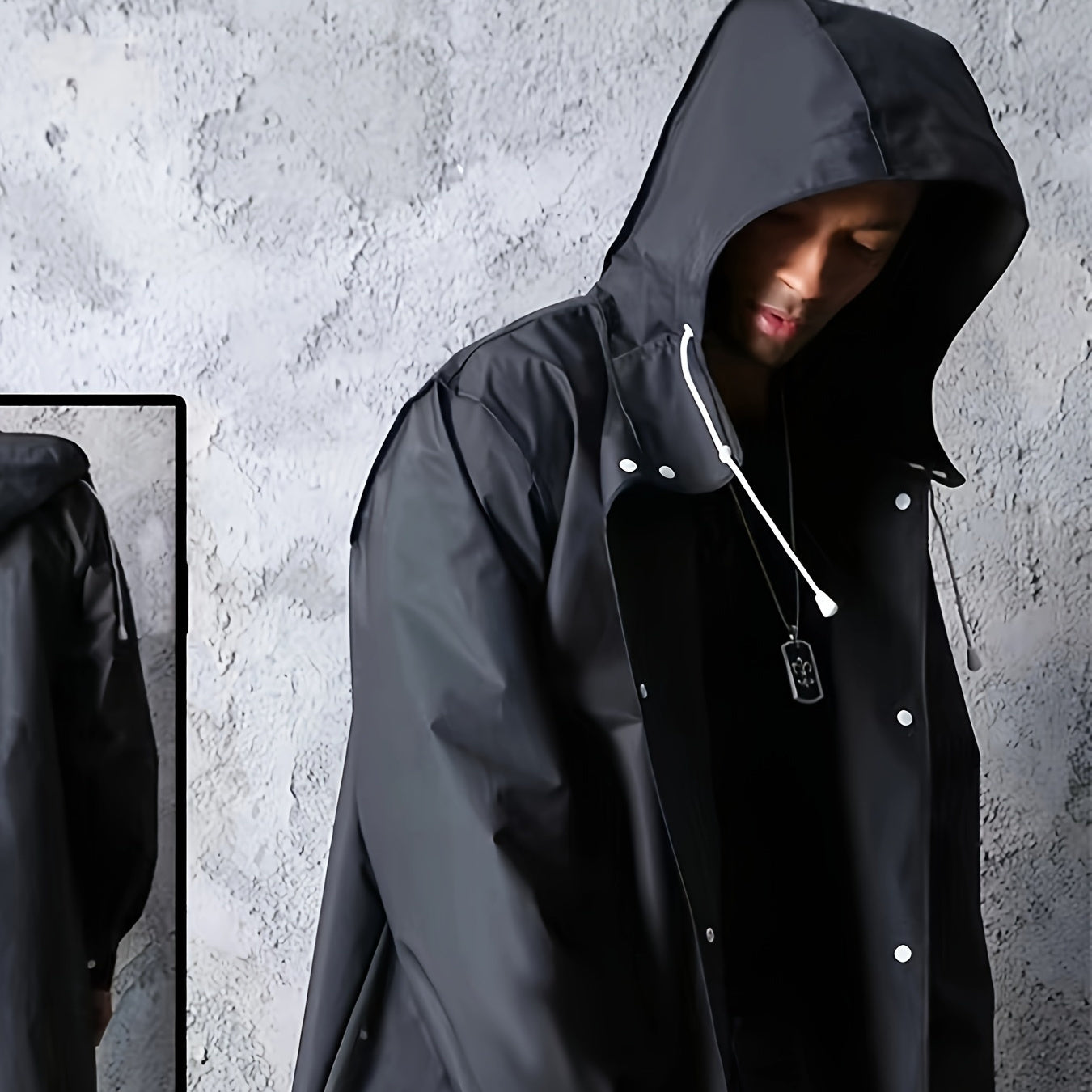 Men's waterproof black hooded coat for outdoor activities like hiking, travel, fishing, climbing, camping. Made of EVA material.