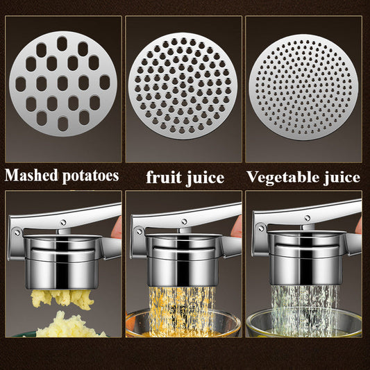 Stainless Steel Manual Juice Press with 3 Interchangeable Filters - Versatile Juicer for Fruits, Vegetables, Mashed Potatoes, and Garlic, Simple to Clean Kitchen Appliance