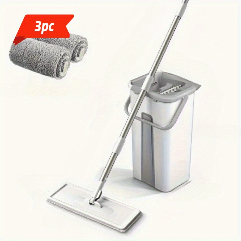 The Wet & Dry Mop Set is versatile and includes replaceable microfiber pads. It offers hands-free, rotating flat floor cleaning for various rooms such as the living room, bedroom, bathroom, and kitchen. The set also comes with a bucket and scraper for