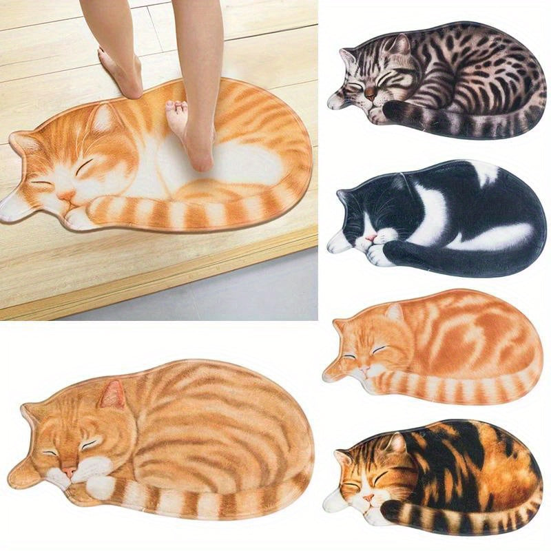 Soft and Cozy Cat-Themed Bedroom Mat with Non-Slip Bottom - Made of TPR & Polyester Blend, Hand-Washable in Realistic Cat Poses, Ideal for Home Decor and Cat Lovers.