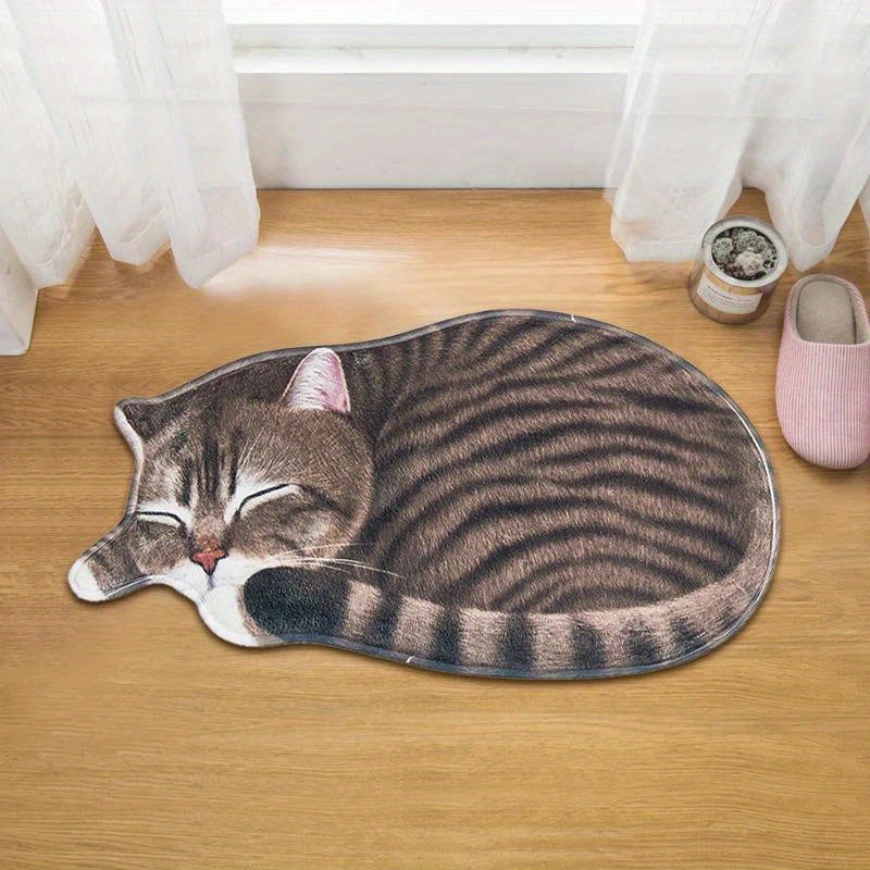 Soft and Cozy Cat-Themed Bedroom Mat with Non-Slip Bottom - Made of TPR & Polyester Blend, Hand-Washable in Realistic Cat Poses, Ideal for Home Decor and Cat Lovers.