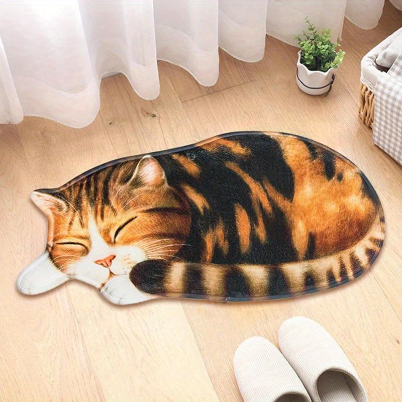 Soft and Cozy Cat-Themed Bedroom Mat with Non-Slip Bottom - Made of TPR & Polyester Blend, Hand-Washable in Realistic Cat Poses, Ideal for Home Decor and Cat Lovers.