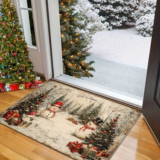 Add a touch of nostalgia to your holiday decor with this Vintage Christmas Door Mat featuring a charming Snowman and Christmas Tree print. Made with non-slip absorbent polyester material and a thick 1.2cm memory foam, this mat is perfect for keeping your