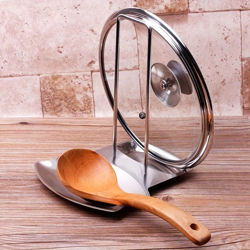 Stainless Steel Pot Lid Rack with Drain Tray, Large Capacity and Space-Saving Kitchen Storage Organizer. Includes Removable Shelf and Free-Punching Soup Spoon Holder. Durable Metal Dishware Organizer for Home Kitchen Use.