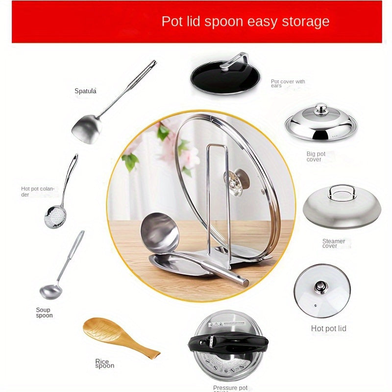 Stainless Steel Pot Lid Rack with Drain Tray, Large Capacity and Space-Saving Kitchen Storage Organizer. Includes Removable Shelf and Free-Punching Soup Spoon Holder. Durable Metal Dishware Organizer for Home Kitchen Use.