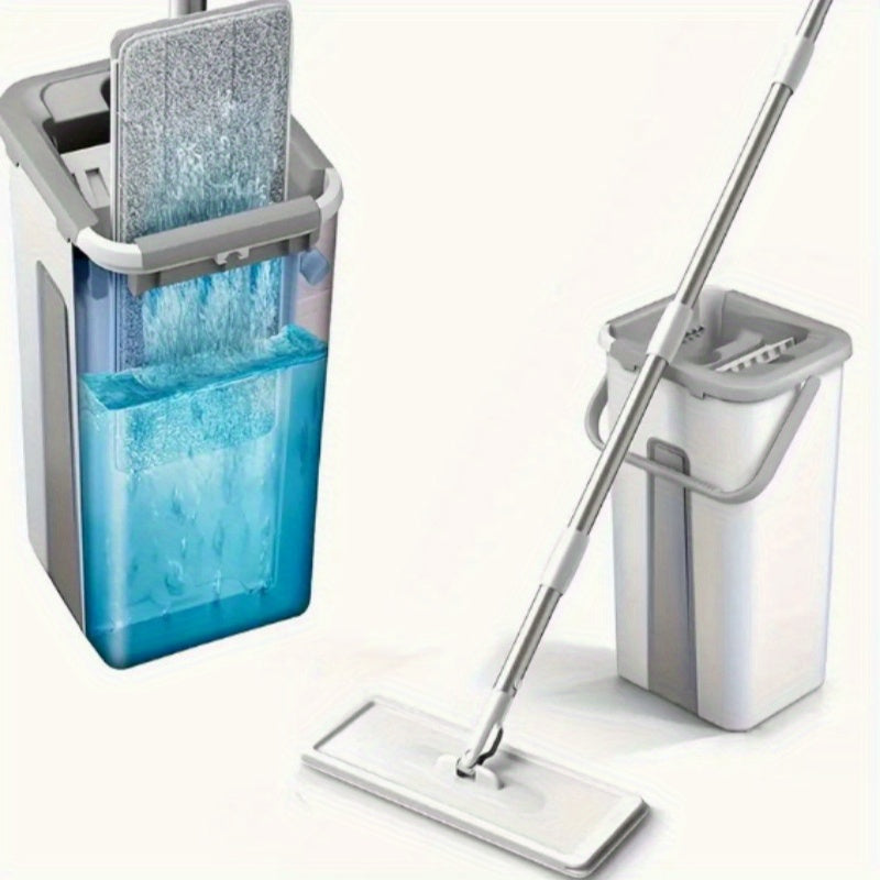 The Wet & Dry Mop Set is versatile and includes replaceable microfiber pads. It offers hands-free, rotating flat floor cleaning for various rooms such as the living room, bedroom, bathroom, and kitchen. The set also comes with a bucket and scraper for