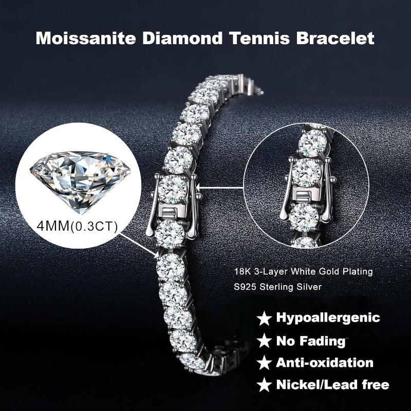 Elegant Moissanite Tennis Bracelet - Featuring a 10.5-14ct Lab Created Diamond, Crafted in 925 Sterling Silver with 18k White Gold Plating, Stylish Design, Ideal Gift for Both Men and Women.