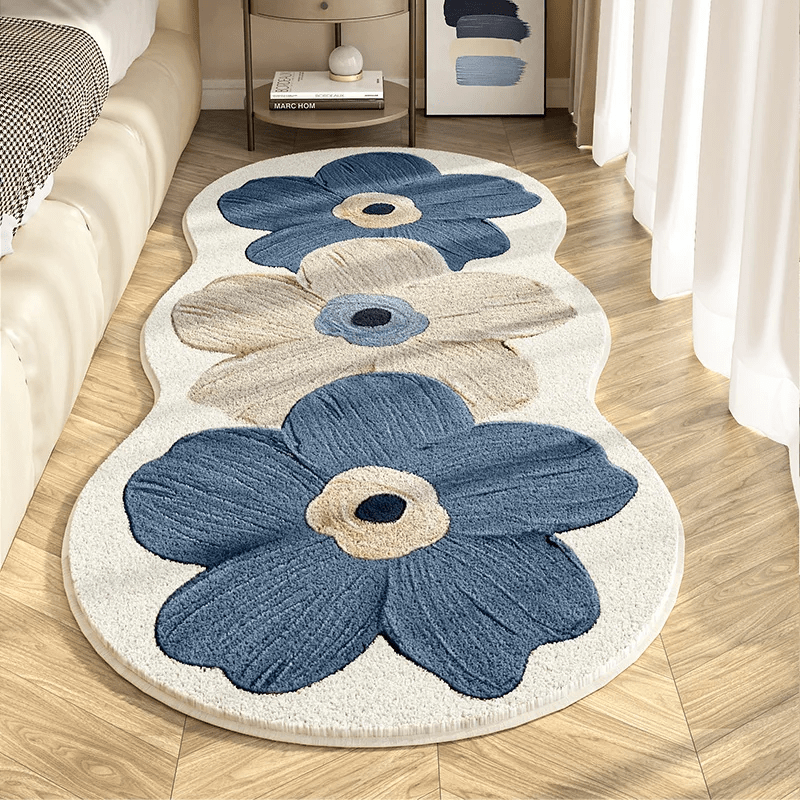 Soft and luxurious faux cashmere area rug with high pile, made from 1000g polyester material. This 10mm thick rug features a non-slip backing and is machine washable for easy care. The fluffy texture makes it perfect for the bedroom, while the irregular