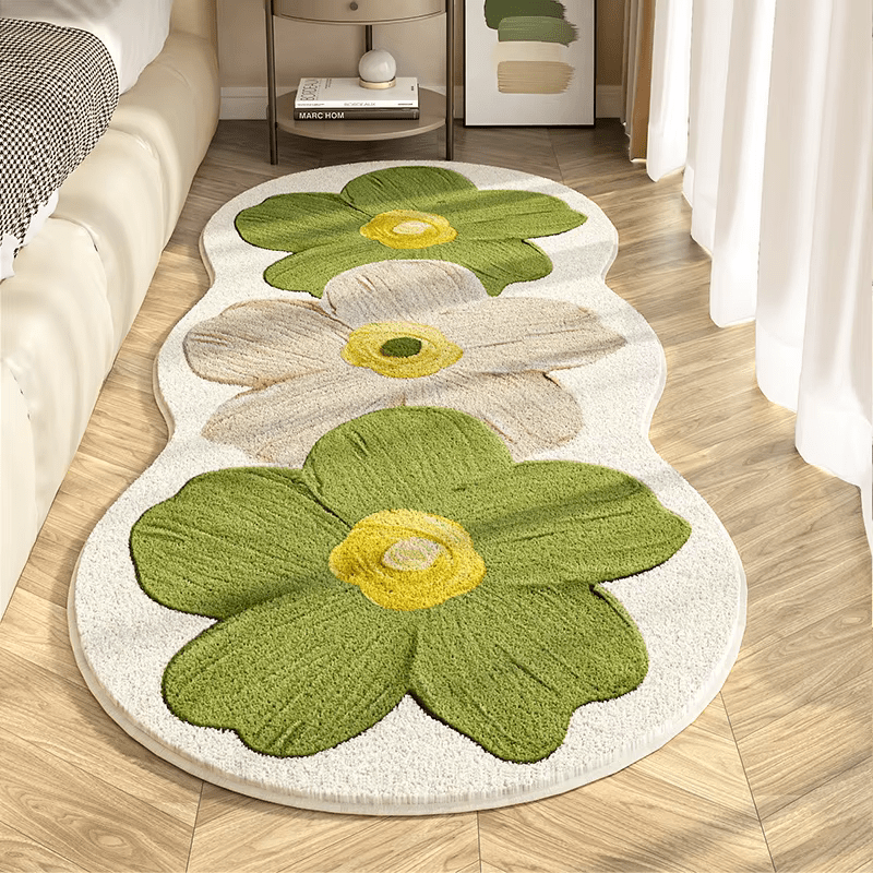 Soft and luxurious faux cashmere area rug with high pile, made from 1000g polyester material. This 10mm thick rug features a non-slip backing and is machine washable for easy care. The fluffy texture makes it perfect for the bedroom, while the irregular