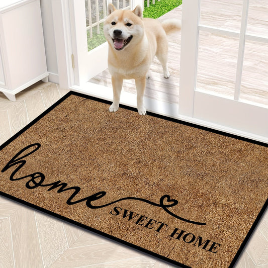 Home Sweet Home Doormat - Made with machine-woven polyester fiber, featuring a non-slip backing. This hand washable rug has a low pile, flat woven design in a rectangular shape suitable for indoor and porch use. Perfect for all seasons as a welcoming