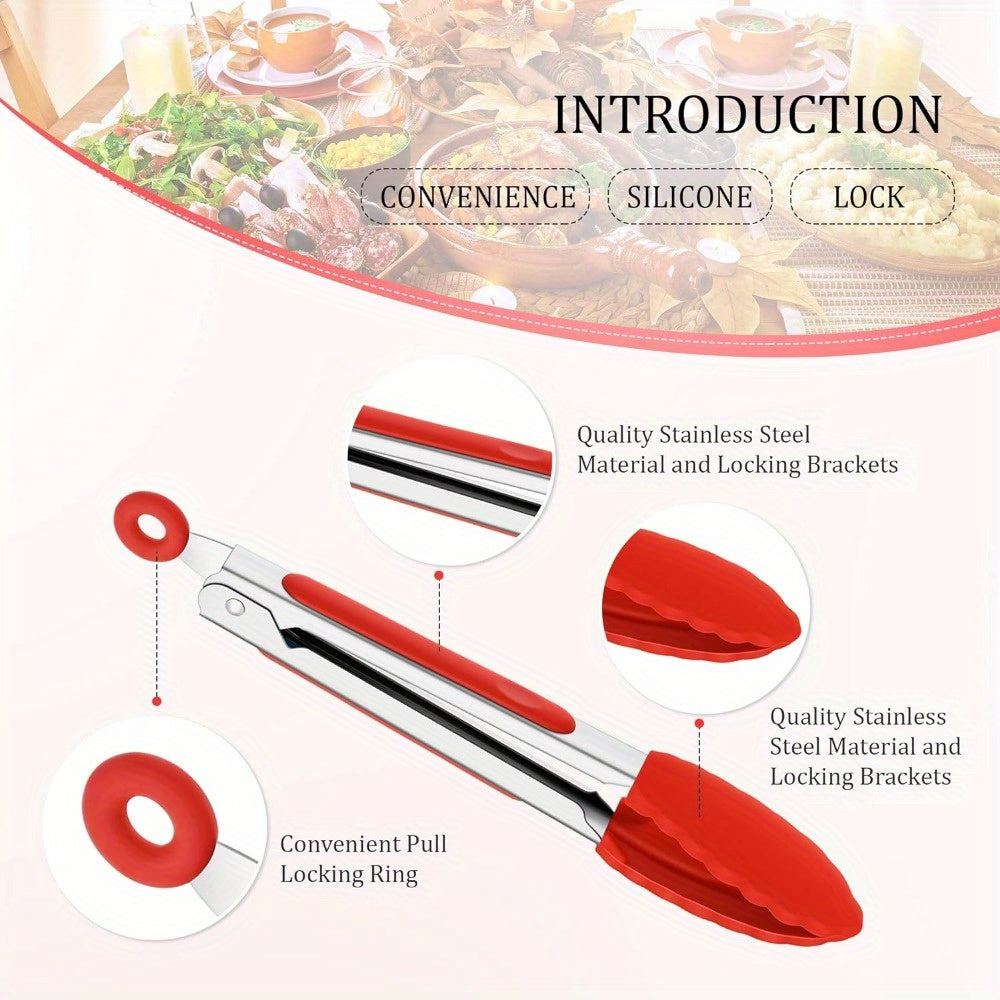 1 Mini Kitchen Tongs Set featuring Silicone Heads, Stainless Steel Non-Stick Tongs perfect for Salad, Grilling, Frying, and Cooking - Safe for Food Contact