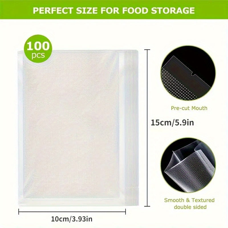 100 pieces of BPA-Free Plastic Vacuum Sealer Bags, Smell-Proof, Durable, Heat-Sealable, No Electricity Required, Ideal for Meal Preparation, Sous Vide Cooking, Food Preservation, and Refrigerator Storage.