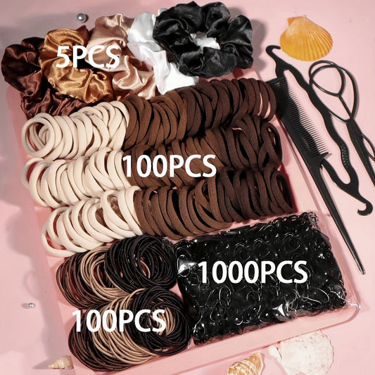 1209pcs Women's Hair Accessory Kit featuring Boho & Minimalist Elastic Bands, Ponytail Holders, and Bun Makers made from Vintage Style Knit Fabric.