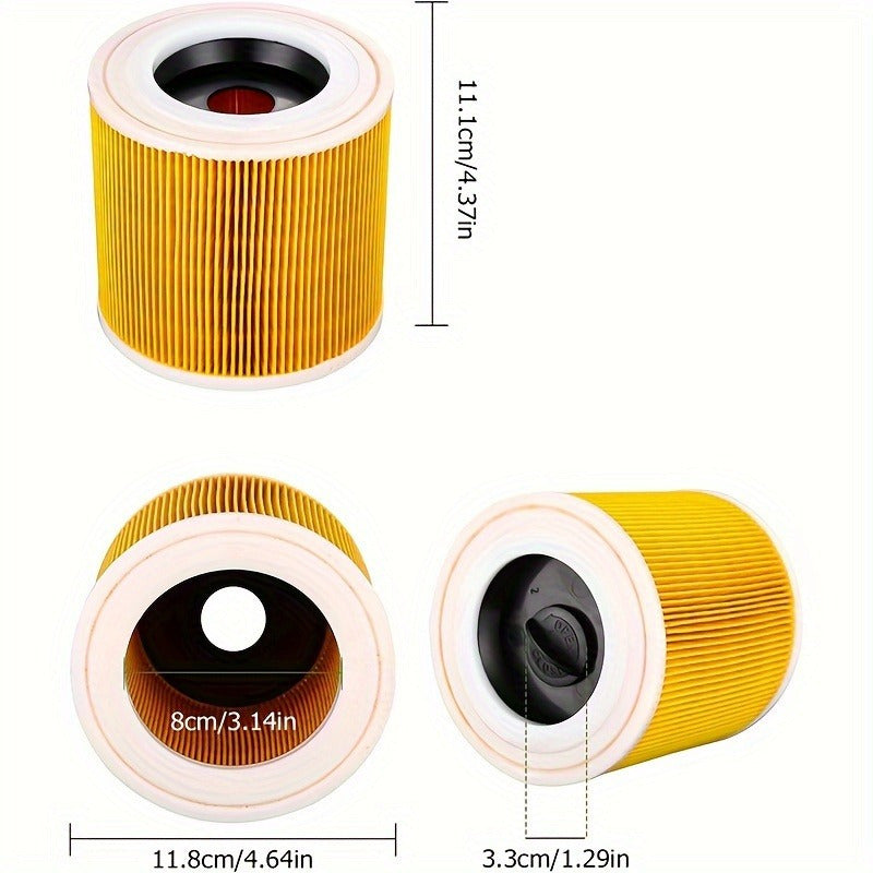 Compatible replacement filter cartridge for Karcher A 2204, 2254, 2101, 2201, WD2, WD3, MV2, MV3, WD2.200, WD3.500 P, WD 3.200 Wet/Dry Vacuums - Made of washable plastic material, comes with 1-pack floor attachment.