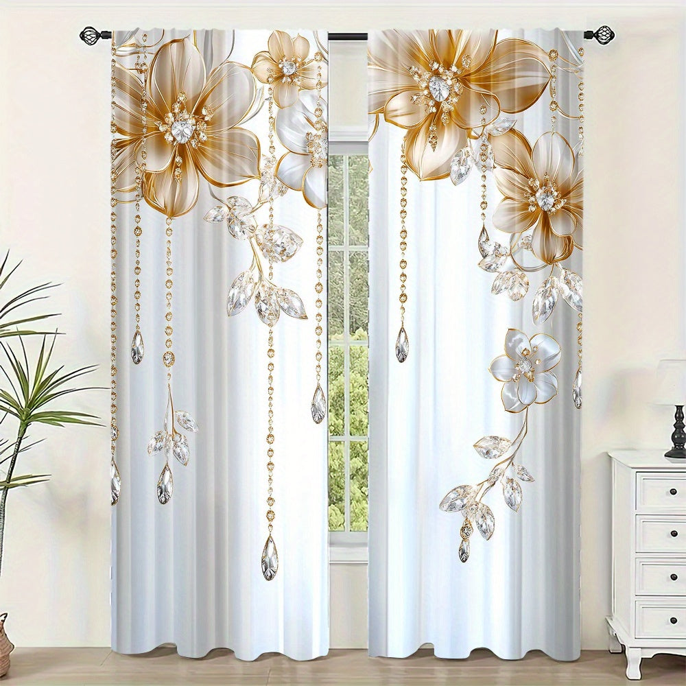 Set of 2 Floral-Print Drapes with Convenient Rod Pocket Design, Stylish Polyester Window Panels for Home Decor in Living Room, Bedroom, Study, and Dining Area - Ideal for Individuals 14 Years and Older (Rod Excluded)