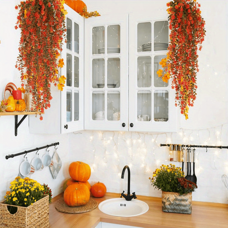 Artificial fall hanging plants and flowers for indoor and outdoor spaces, perfect for Thanksgiving, weddings, parties, and gardens.