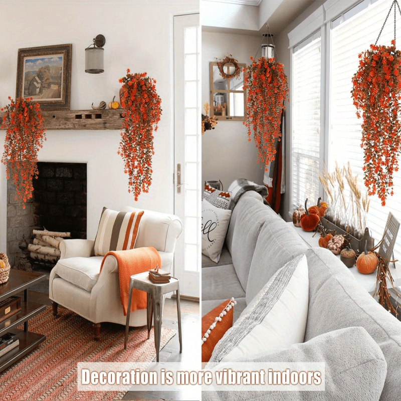 Artificial fall hanging plants and flowers for indoor and outdoor spaces, perfect for Thanksgiving, weddings, parties, and gardens.